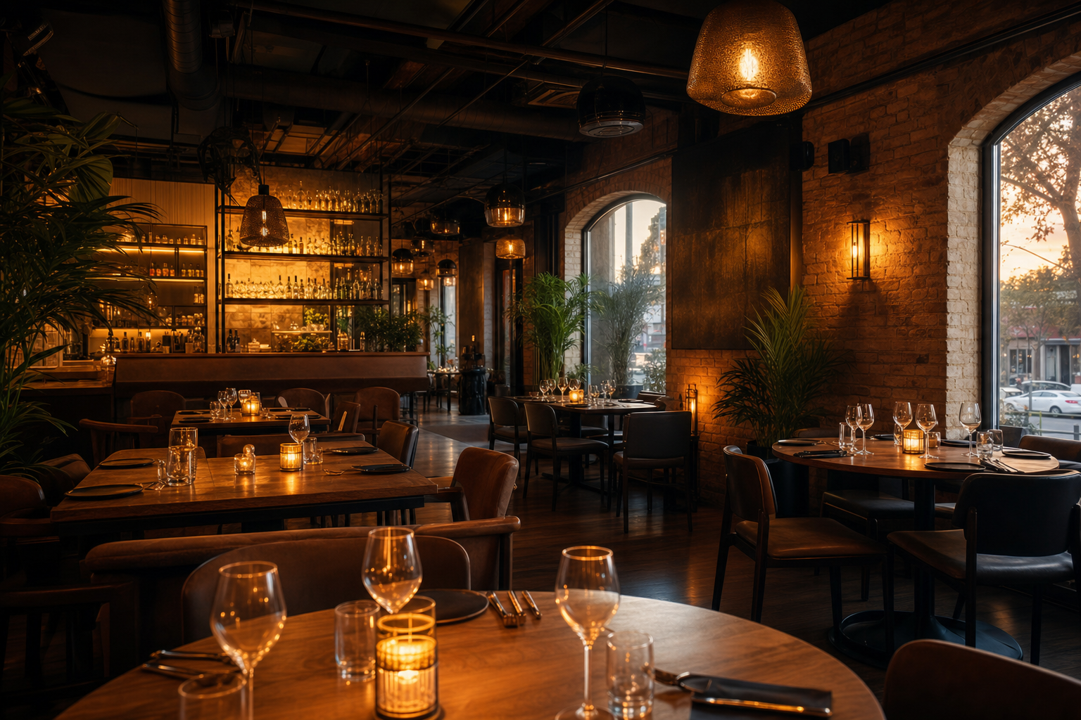 Warm upscale restaurant interior at golden hour with candlelit tables and exposed brick